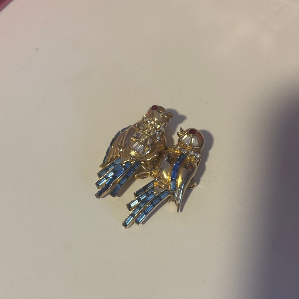 Gold and Blue CoroCraft lovebirds vintage brooch circa 1930’s-1950’s great con